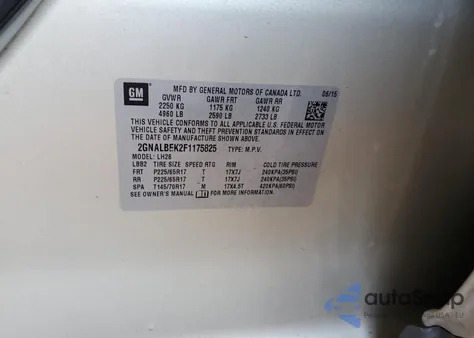 2015 Chevrolet Equinox Lt z USA, uszkodzony, nr VIN 2GNALBEK2F1175825